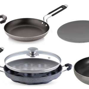 Bharu Nonstick 10 Pcs  Cooking Set (Chapati Tawa, Flat Tawa, Kadhai, Fry pan, Omlet Pan, Sauce Pan, Appam, 3 Glass lid)