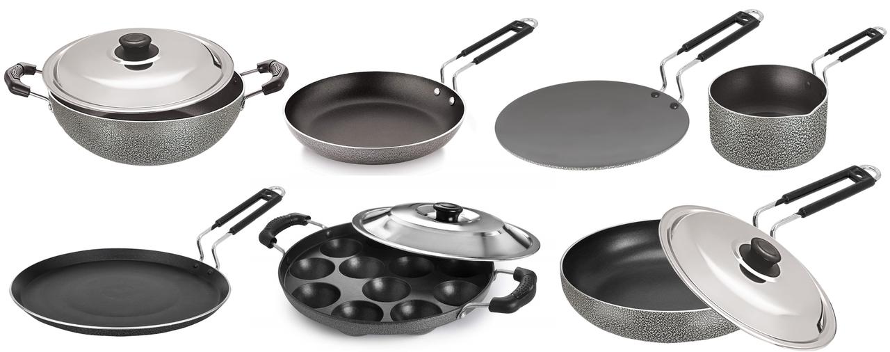 Bharu Nonstick 10 Pcs Cooking Set (Chapati Tawa, Flat Tawa, Kadhai, Fry pan, Omlet Pan, Sauce Pan, Appam, 3 SS lid)