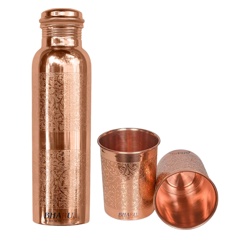 Bharu Embossed Copper Bottle 1000 ml & 2 pcs Embossed Copper Glass - Image 2