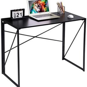 Kawachi Folding Desk 37'' Laptop Computer Table Small Study Writing Desk for Teens Students, Metal Frames Workstation for Home Office, No Assembly Needed, Black KW110