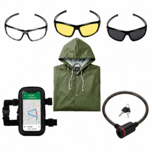 Kawachi All-Weather Rider Combo Pack, 3-Piece Sports Goggle Set, Waterproof Hooded Raincoat, Touch-Responsive Mobile Rain Cover, Helmet Cable Lock - KC30