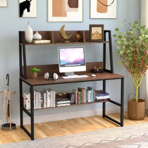 Kawachi Computer Desk, Writing Study Table with Storage Shelf, Space Saving Home Office Desk for Small Space PC Laptop Workstation Brown