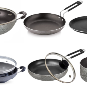 Bharu Nonstick 9 Pcs  Cooking Set (Flat Tawa, Kadhai, Fry pan, Omlet Pan, Sauce Pan, Appam, 3 Glass lid )