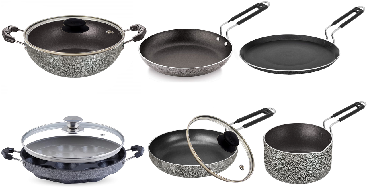 Bharu Nonstick 9 Pcs Cooking Set (Flat Tawa, Kadhai, Fry pan, Omlet Pan, Sauce Pan, Appam, 3 Glass lid )