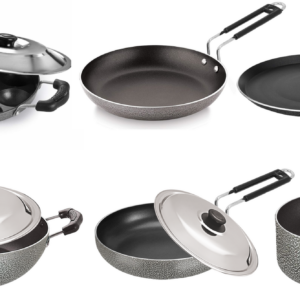 Bharu Nonstick 9 Pcs  Cooking Set (Flat Tawa, Kadhai, Fry pan, Omlet Pan, Sauce Pan, Appam, 3 SS lid)
