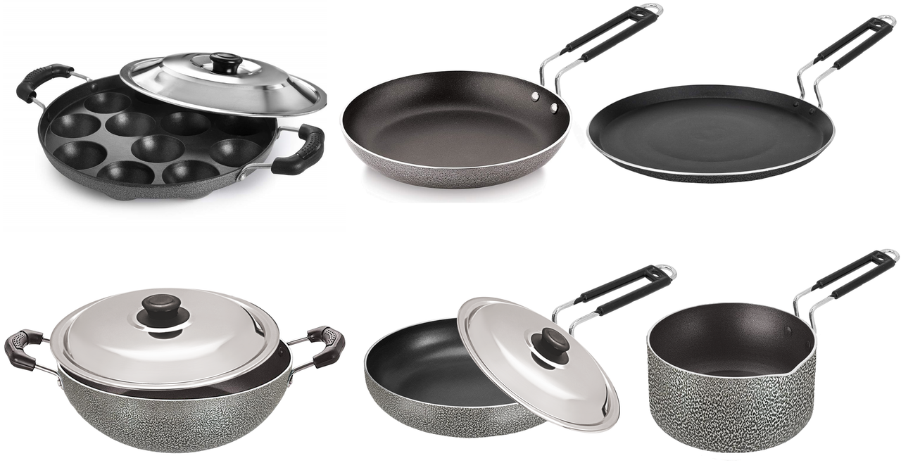 Bharu Nonstick 9 Pcs Cooking Set (Flat Tawa, Kadhai, Fry pan, Omlet Pan, Sauce Pan, Appam, 3 SS lid)