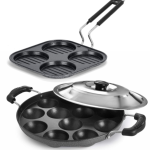 Bharu Hammertone Nonstick Breakfast Cooking set of  4 Cup Uttapam Patra & 12 Cavity Appam patra with Steel Lid