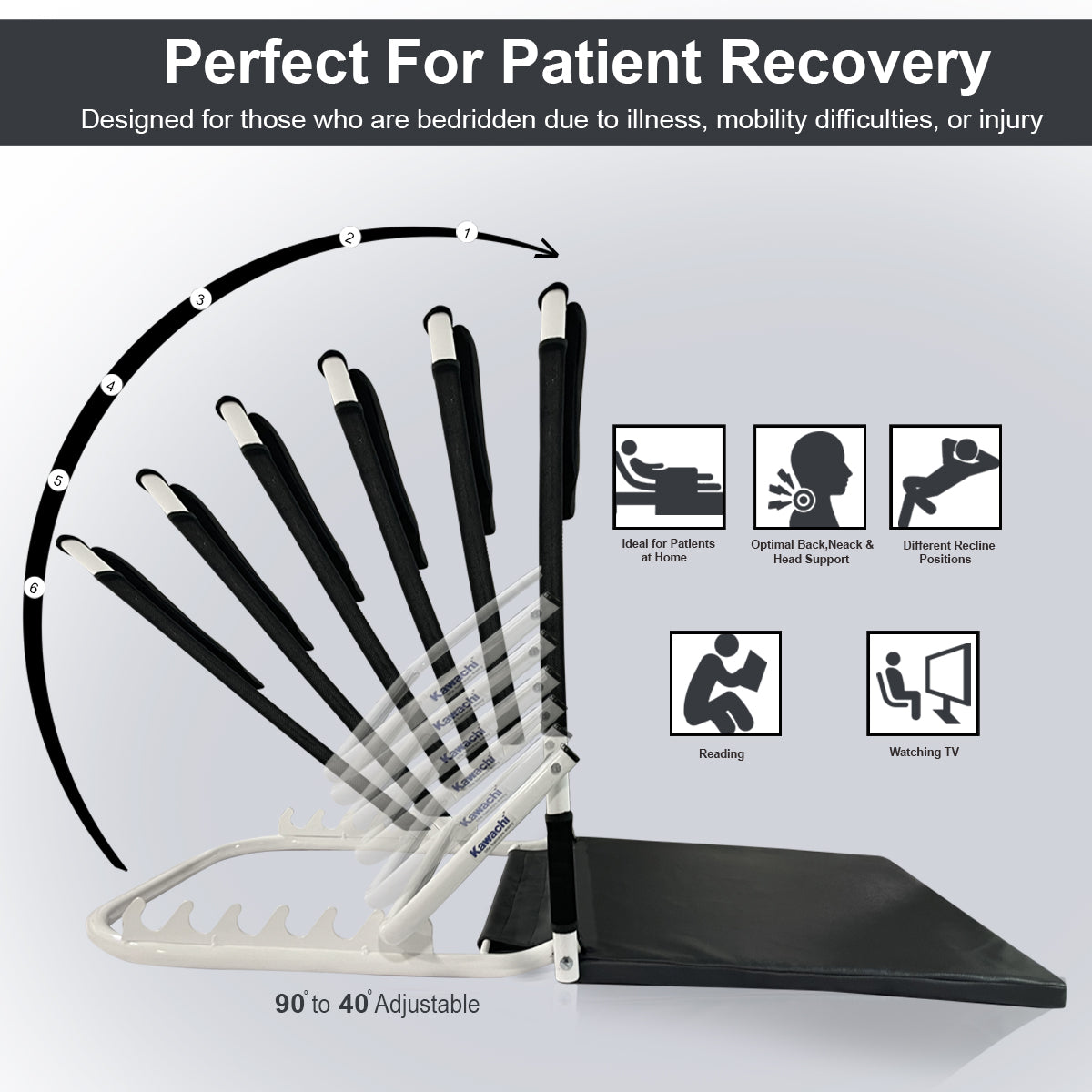 Kawachi 6 Angle Adjustable Surgical Patient Lifting Bed Backrest Support Chair, Cushioned Back Washable, Reusable, Non-toxic, Long Lasting, Portable & Foldable- KW124-Grey-Classic - Image 7