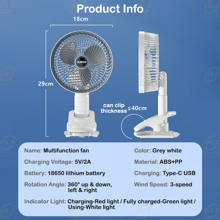 Kawachi 3-Speed 360° Rotating USB Rechargeable Wireless Electric Portable Clip Fan Handy Camping Desktop Office Table Cooling Fan- KAWY-7-White - Image 10