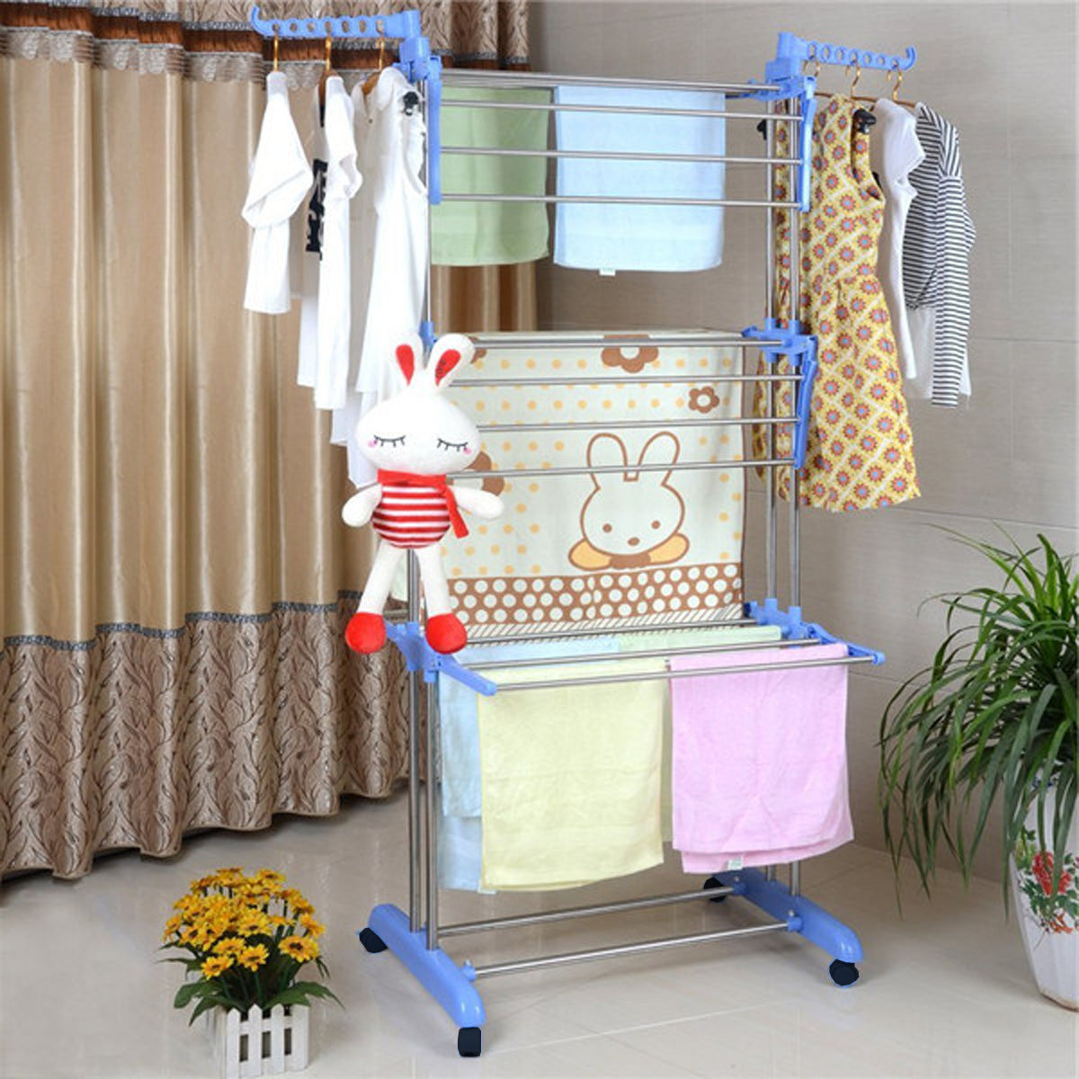Kawachi Stainless Steel Heavy Duty Double Pole Cloth Drying Stand, Laundry Rack Stand Blue - Image 2