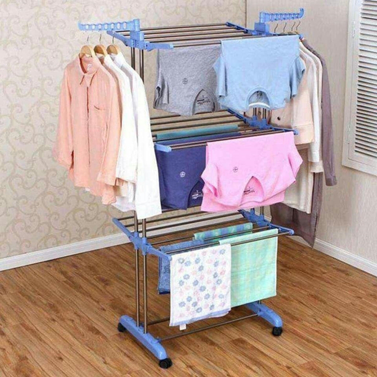 Kawachi Stainless Steel Heavy Duty Double Pole Cloth Drying Stand, Laundry Rack Stand Blue - Image 3