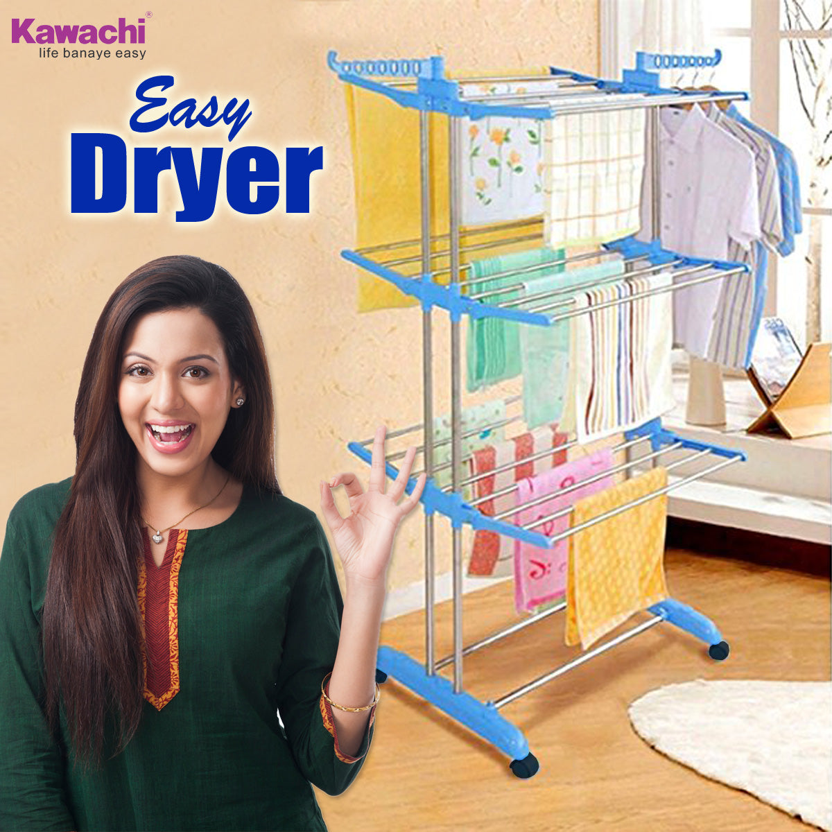 Kawachi Stainless Steel Heavy Duty Double Pole Cloth Drying Stand, Laundry Rack Stand Blue - Image 6