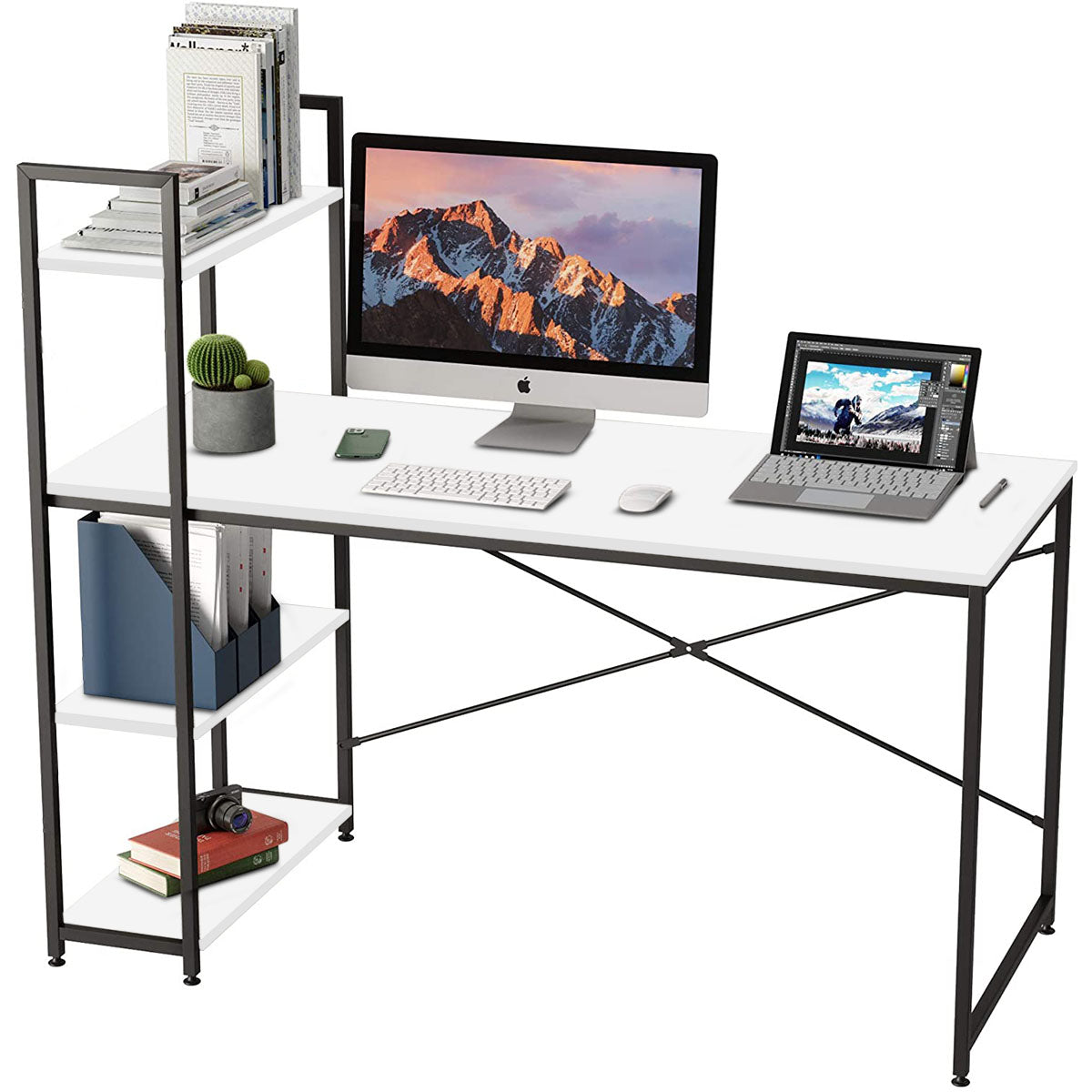 Kawachi Wooden Work Station Laptop Computer Desk Study Table with Metallic Finish Steel Body with 4 Book Shelves Sonet White - Image 2