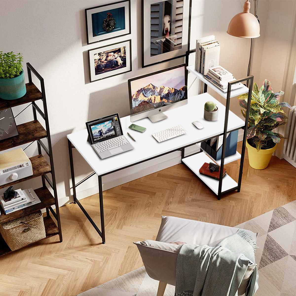 Kawachi Wooden Work Station Laptop Computer Desk Study Table with Metallic Finish Steel Body with 4 Book Shelves Sonet White - Image 3