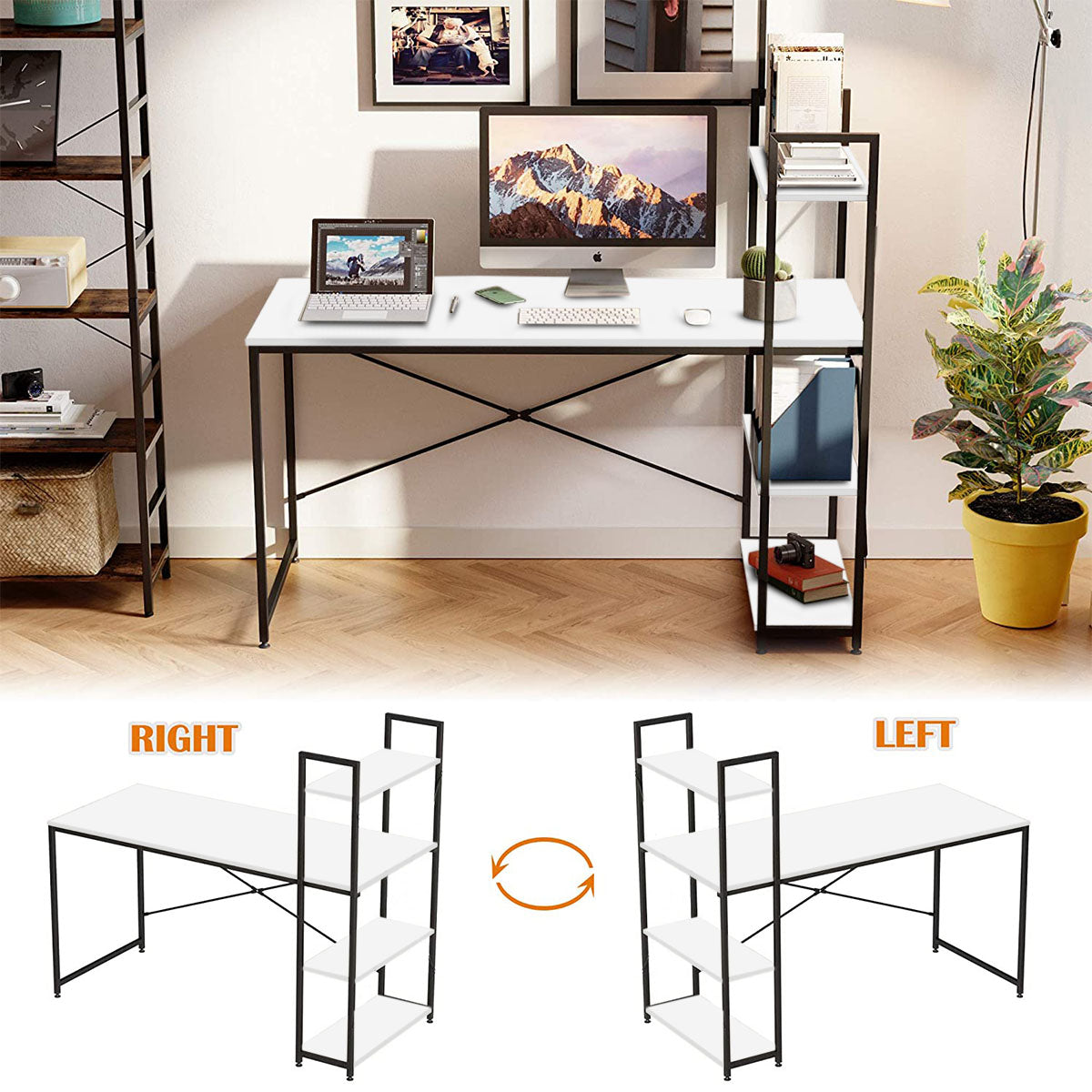 Kawachi Wooden Work Station Laptop Computer Desk Study Table with Metallic Finish Steel Body with 4 Book Shelves Sonet White - Image 4