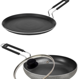 Bharu Nonstick 3 Pcs  Cooking Set (Flat Tawa,  Fry pan, Glass lid)