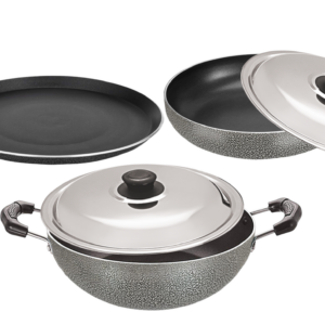 Bharu Nonstick 4 Pcs  Cooking Set (Flat Tawa, Kadhai, Fry pan, SS lid)