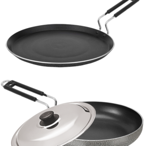 Bharu Nonstick  3Pcs  Cooking Set (Flat Tawa,  Fry pan, SS lid)