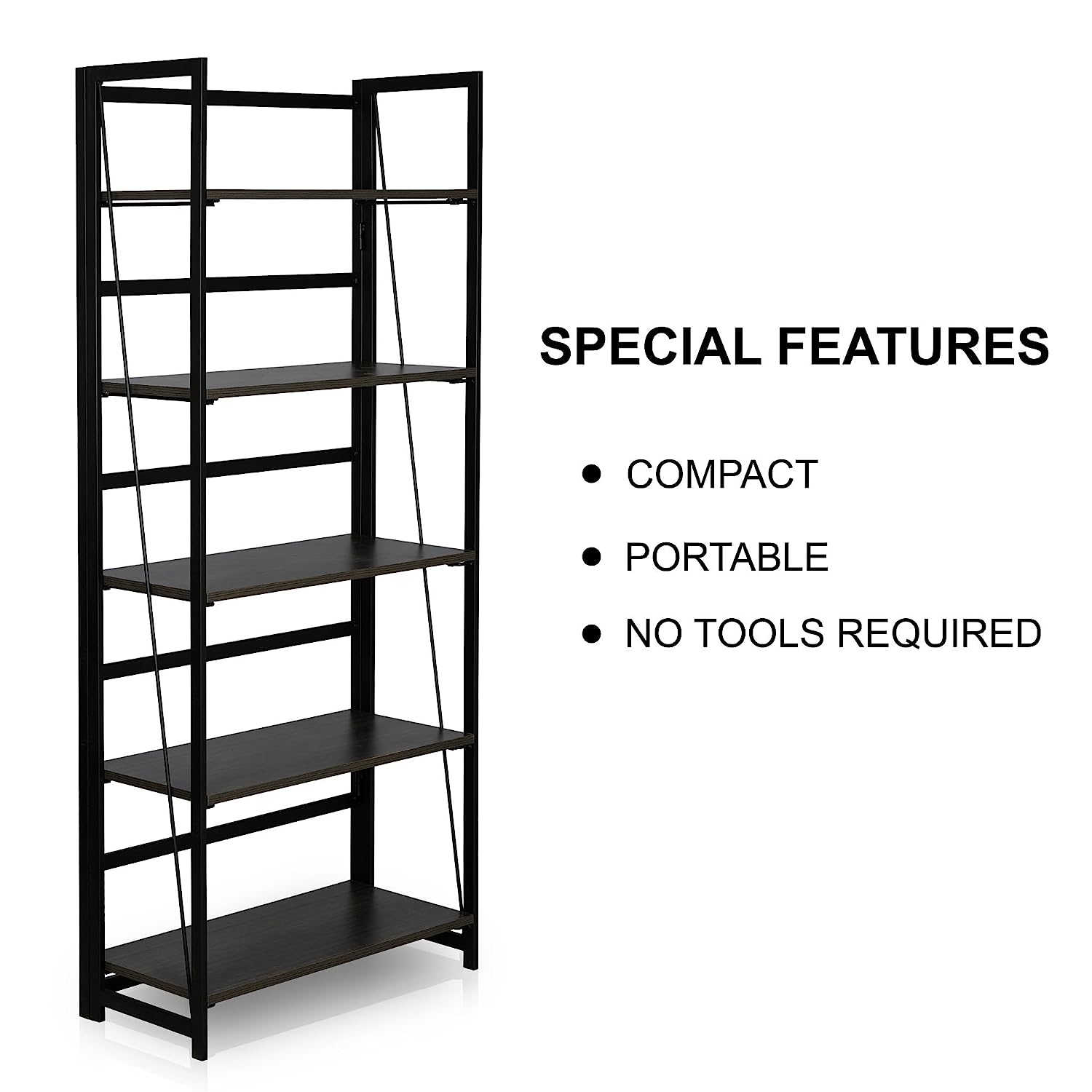 KAWACHI 5 Tier Bookshelf, Storage Shelves Bookcases Organizer KW112-Black - Image 5