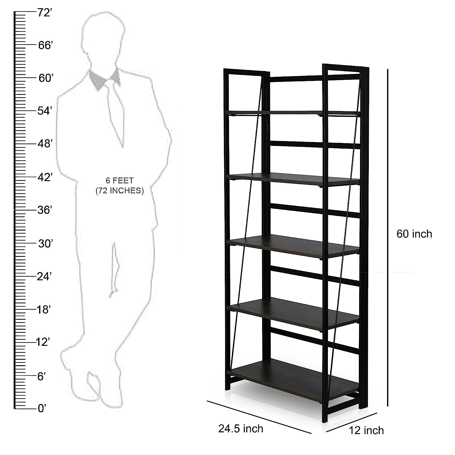 KAWACHI 5 Tier Bookshelf, Storage Shelves Bookcases Organizer KW112-Black - Image 6