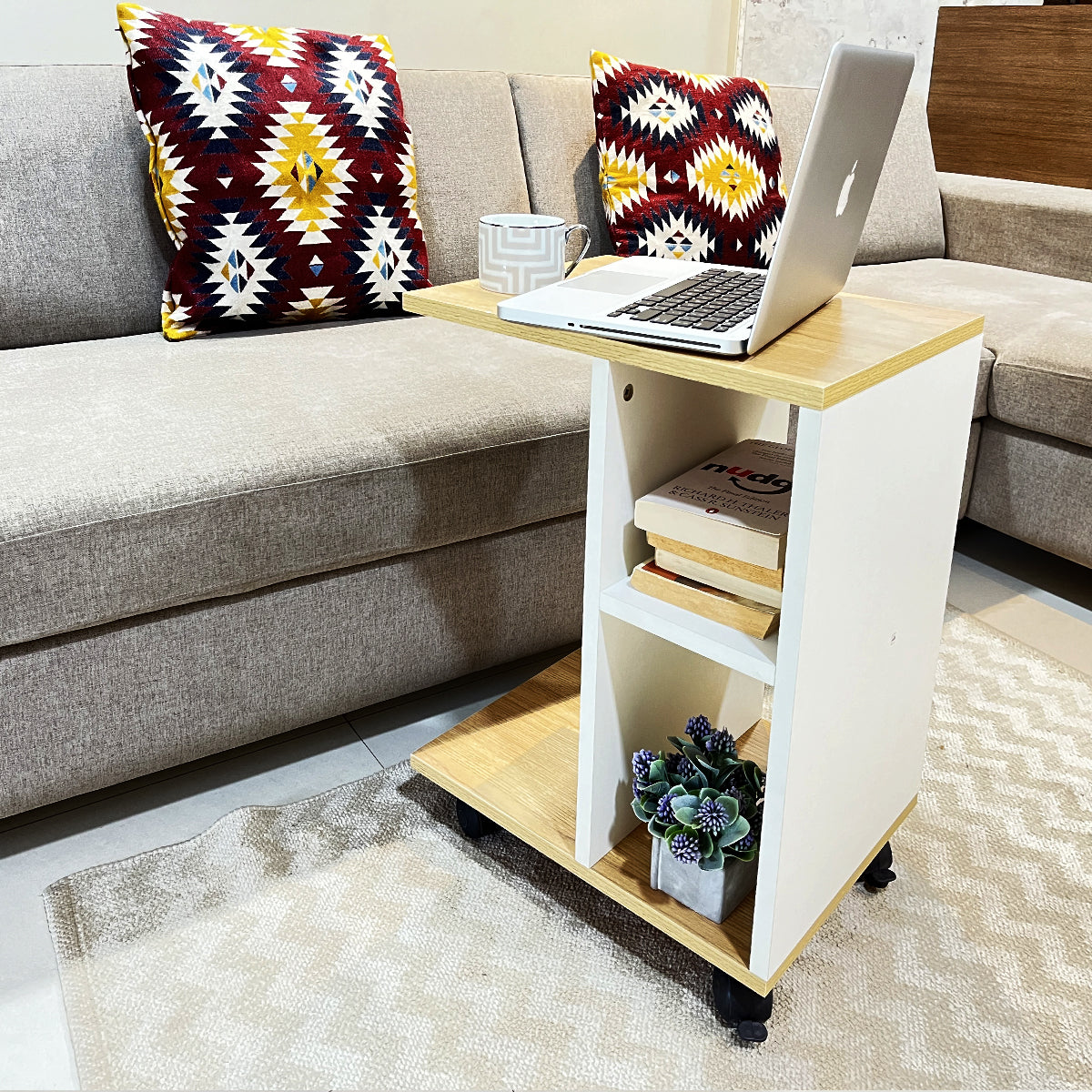 Kawachi Side Table with Storage Shelves, Sofa Couch Coffee End Table Bedside Table Laptop Desk with Wheels KW100-Beige - Image 2