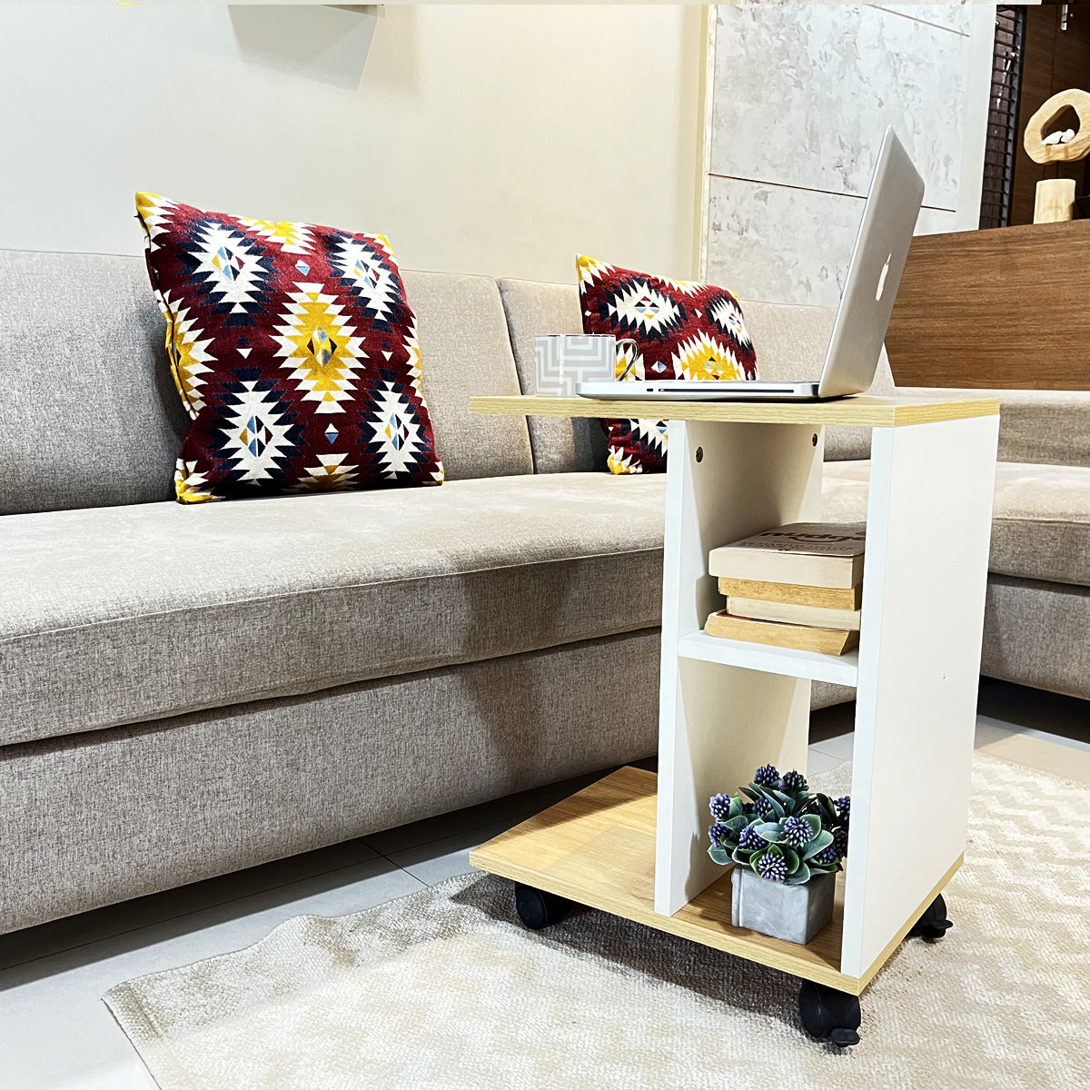 Kawachi Side Table with Storage Shelves, Sofa Couch Coffee End Table Bedside Table Laptop Desk with Wheels KW100-Beige - Image 3