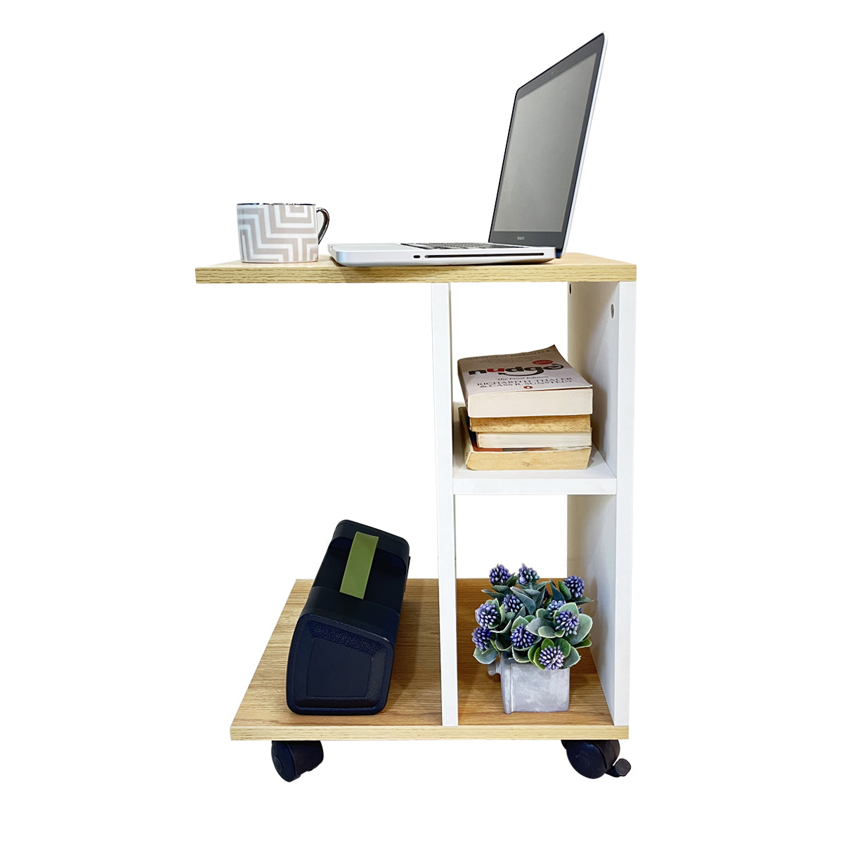 Kawachi Side Table with Storage Shelves, Sofa Couch Coffee End Table Bedside Table Laptop Desk with Wheels KW100-Beige - Image 4