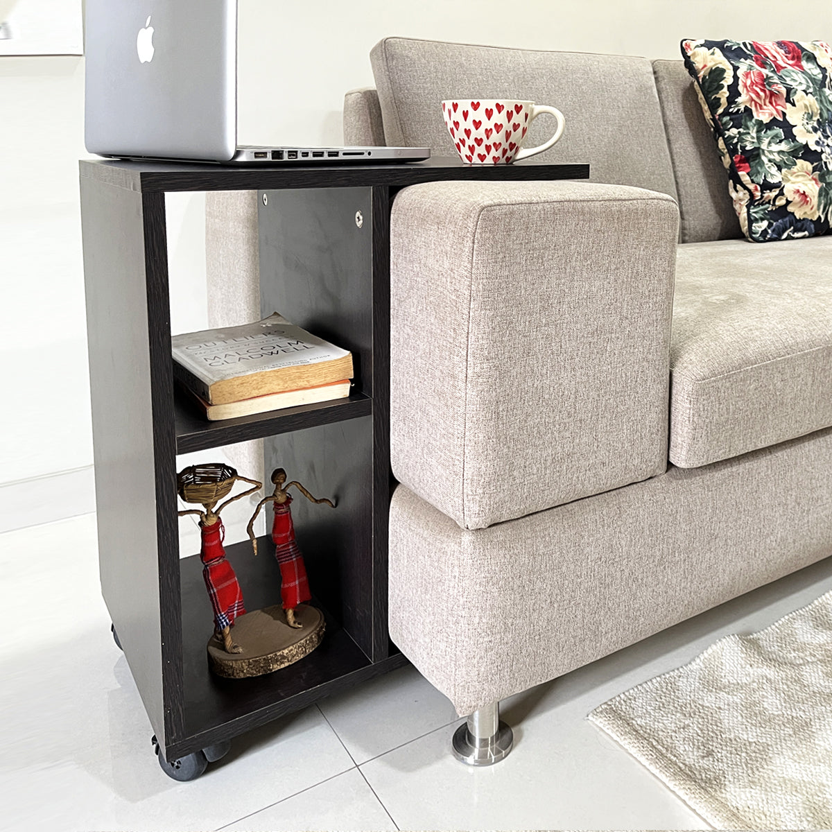 Kawachi Side Table with Storage Shelves, Sofa Couch Coffee End Table Bedside Table Laptop Desk with Wheels KW100-Wenge Black - Image 2