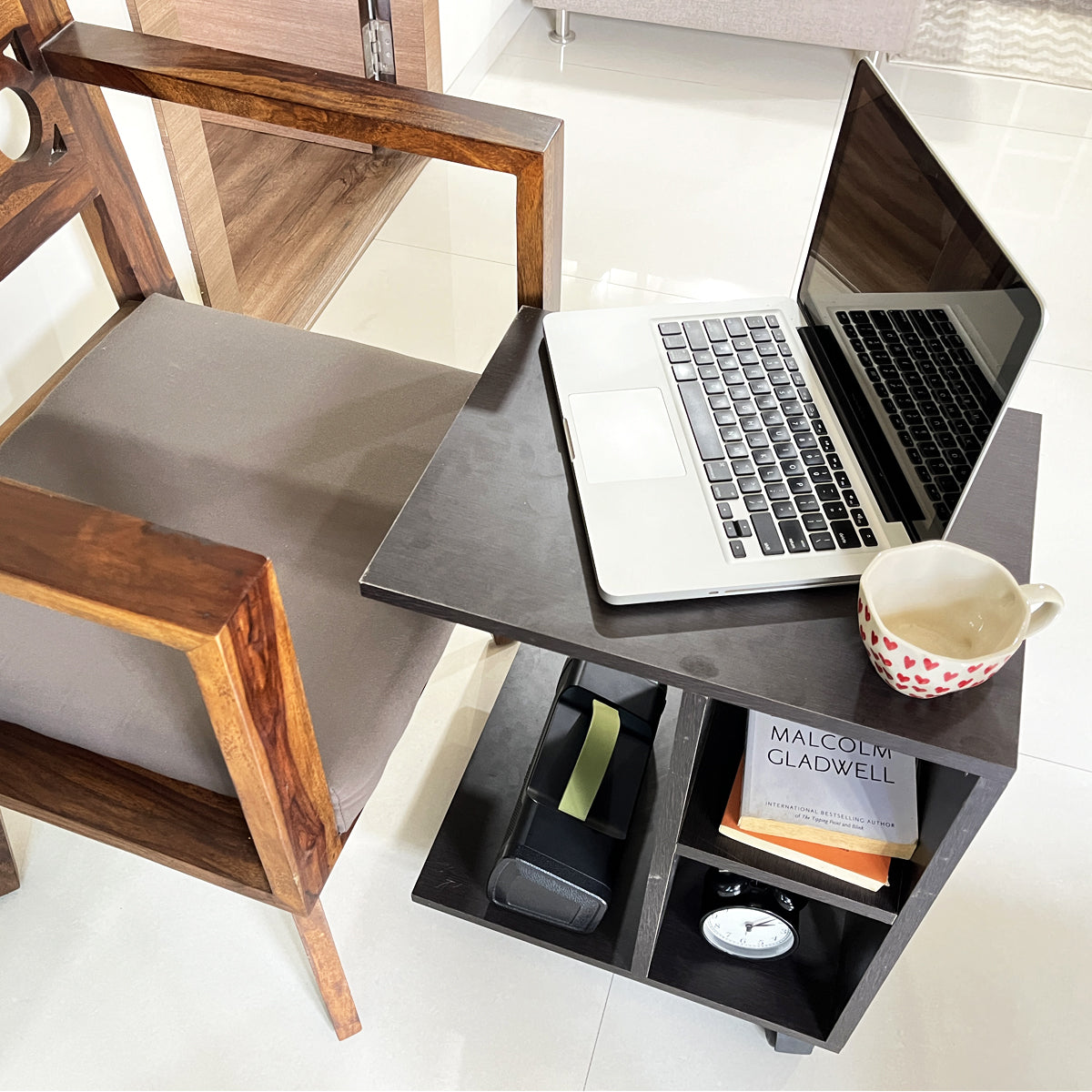 Kawachi Side Table with Storage Shelves, Sofa Couch Coffee End Table Bedside Table Laptop Desk with Wheels KW100-Wenge Black - Image 3