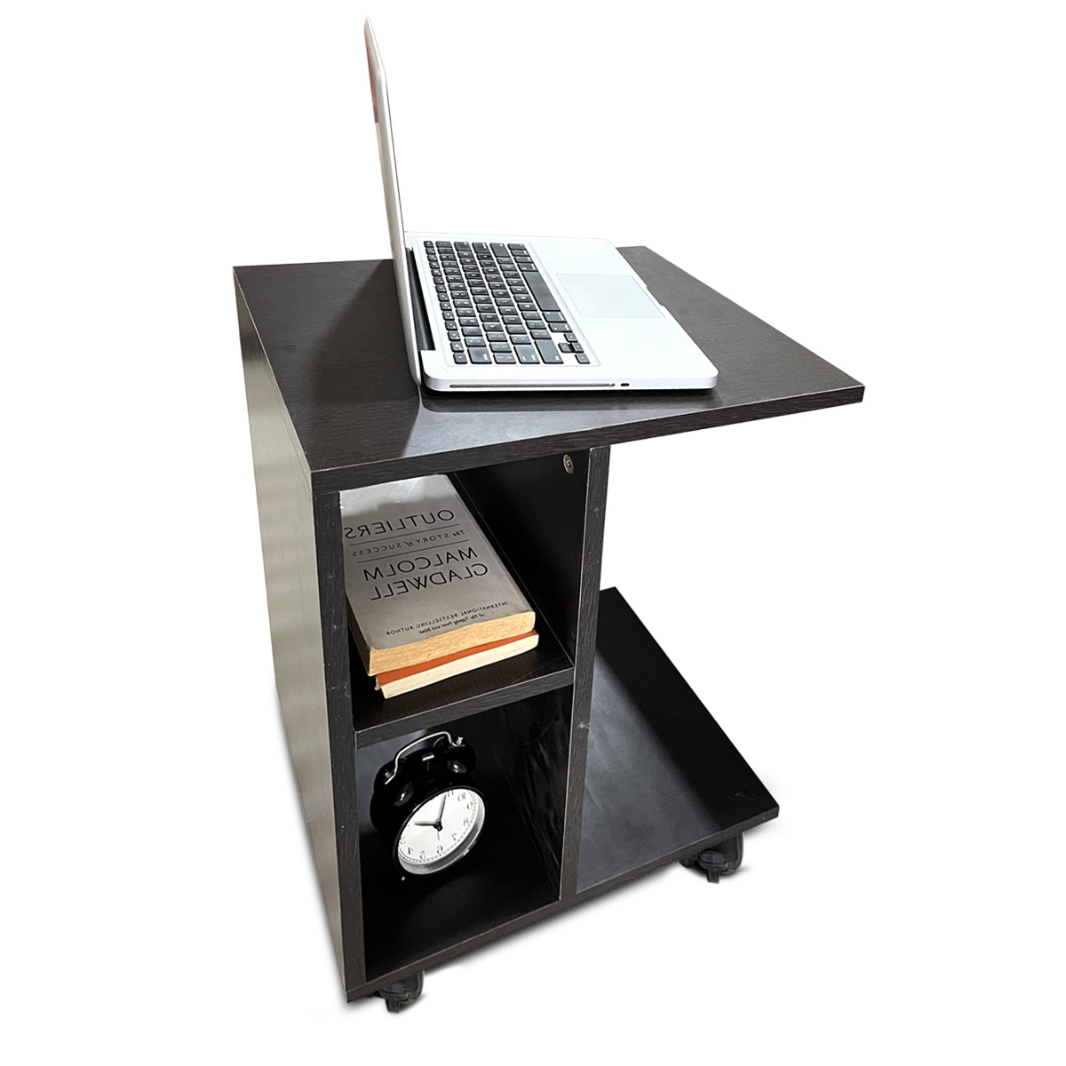 Kawachi Side Table with Storage Shelves, Sofa Couch Coffee End Table Bedside Table Laptop Desk with Wheels KW100-Wenge Black - Image 4