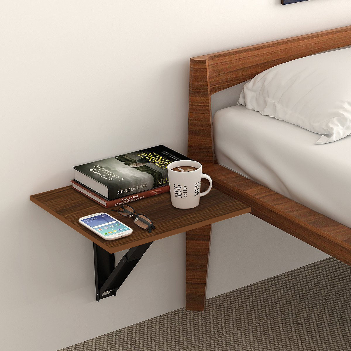 Kawachi Engineered Wood Wall Mount Bed Side Table, Folding Bedside Table for Home Living Room Study Room Brown Pack of 2 - Image 2