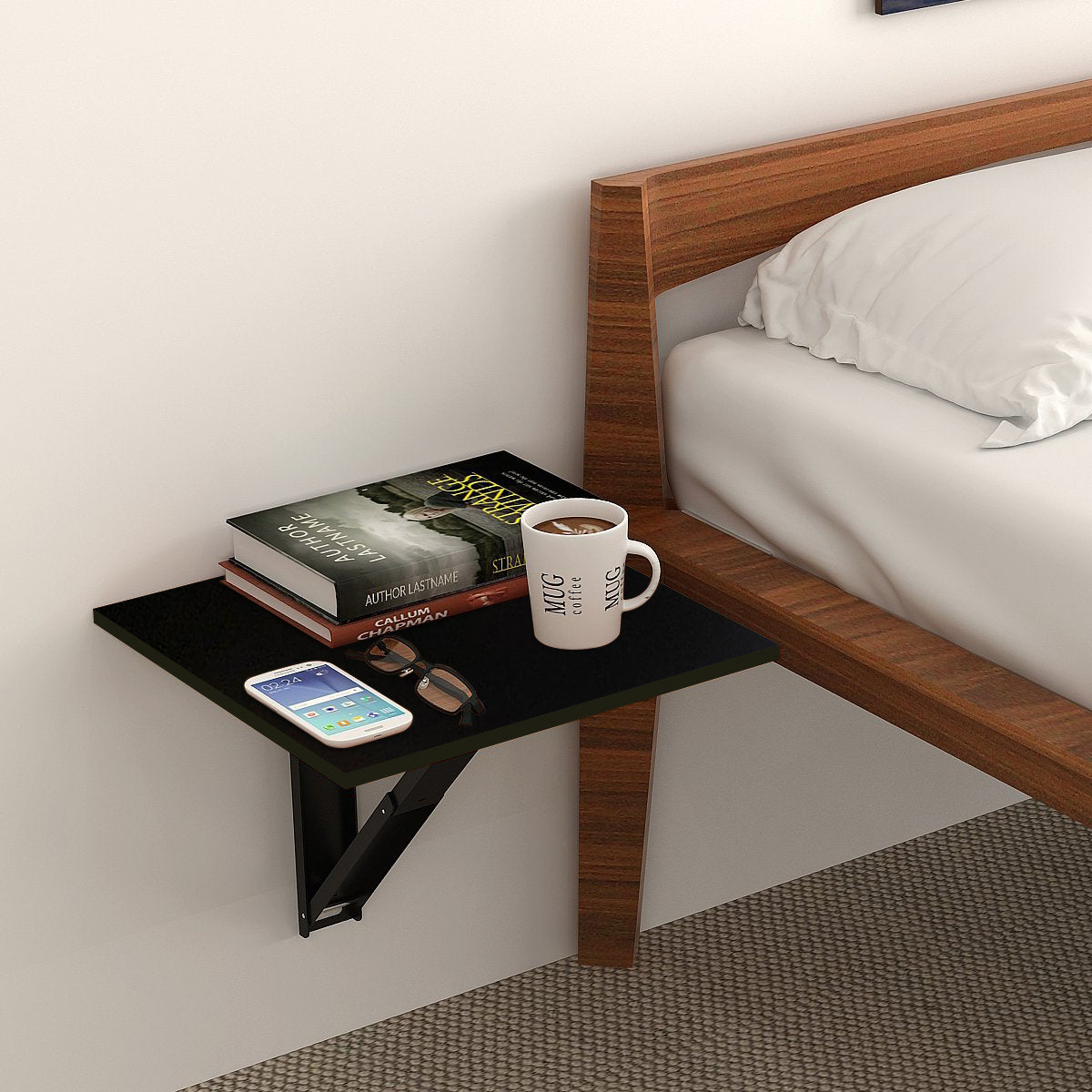 Kawachi Engineered Wood Wall Mount Bed Side Table, Folding Bedside Table, Mini Laptop Table for Home Living Room Study Room Brown - Image 3