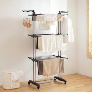 Kawachi Stainless Steel Heavy Duty Double Pole Cloth Drying Stand, Laundry Rack Stand Gray