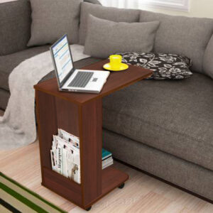 Kawachi Side Table with Storage Shelves, Sofa Couch Coffee End Table Bedside Table Laptop Desk with Wheels for Living Room, Bedroom Brown