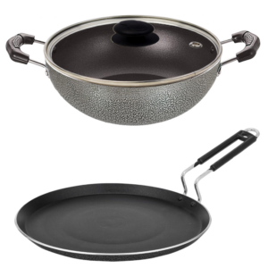 Bharu Nonstick 3 Pcs  Cooking Set (Flat Tawa, Kadhai, Glass lid)
