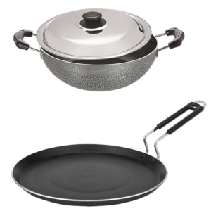 Bharu Nonstick 3 Pcs  Cooking Set (Flat Tawa, Kadhai, SS lid)