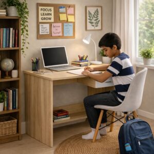 Kawachi Computer Study Table for Students & Home Office | Laptop Desk with Storage Shelf | Engineered Wood Writing Table Workstation for Work From Home, Study, Office & Desktop Computer (KW141-Beige-WD)