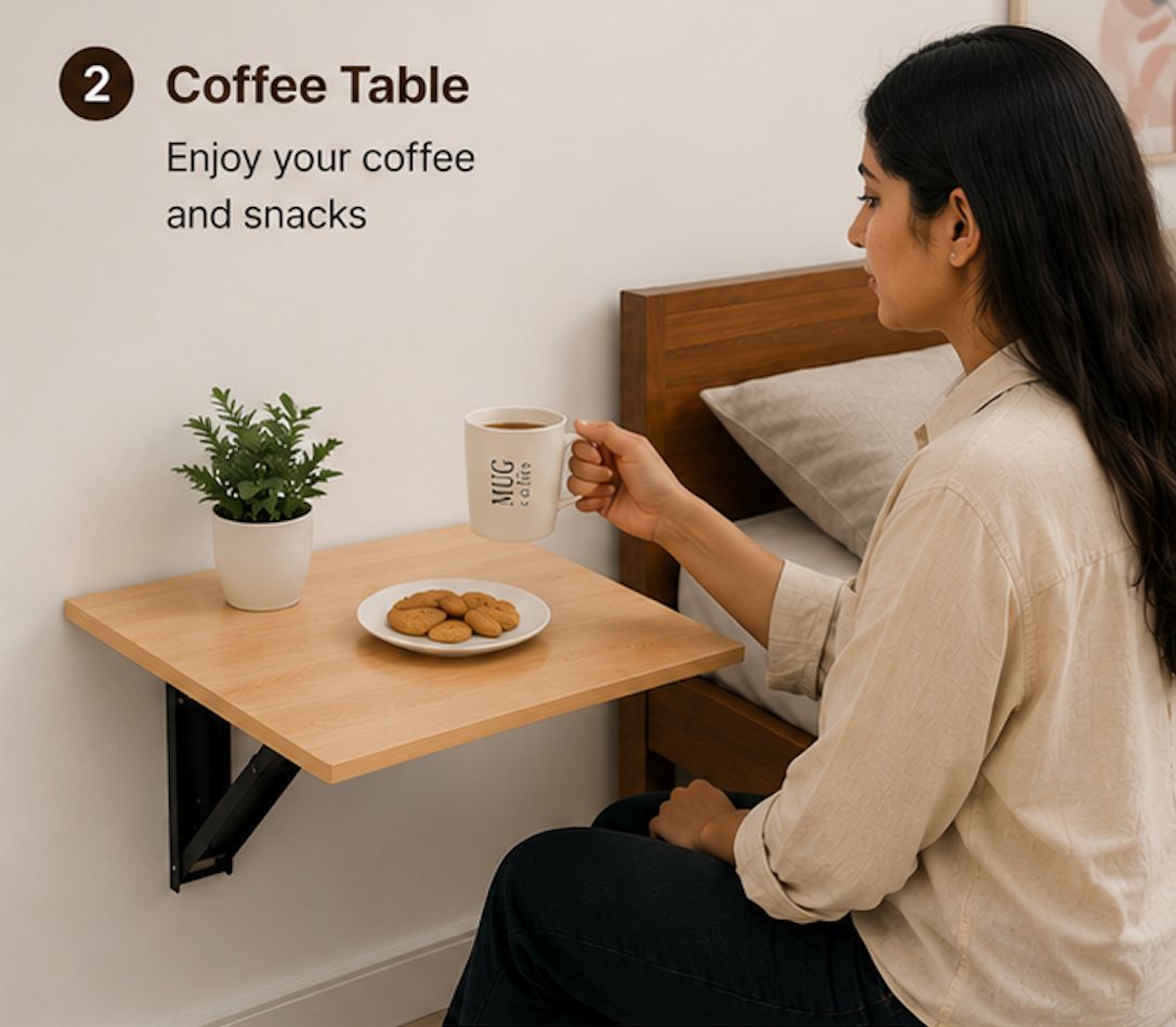 Kawachi Engineered Wood Wall Mount Bed Side Table, Folding Bedside Table, Mini Laptop Table for Home Living Room Study Room Beige - Image 3