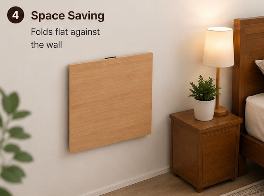 Kawachi Engineered Wood Wall Mount Bed Side Table, Folding Bedside Table, Mini Laptop Table for Home Living Room Study Room Beige - Image 2