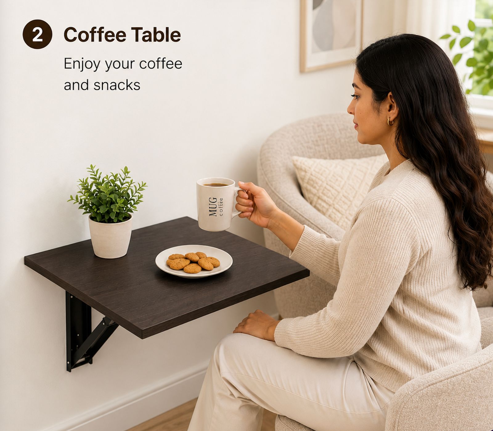 Kawachi Engineered Wood Wall Mount Bed Side Table, Folding Bedside Table, Mini Laptop Table for Home Living Room Study Room Brown - Image 2