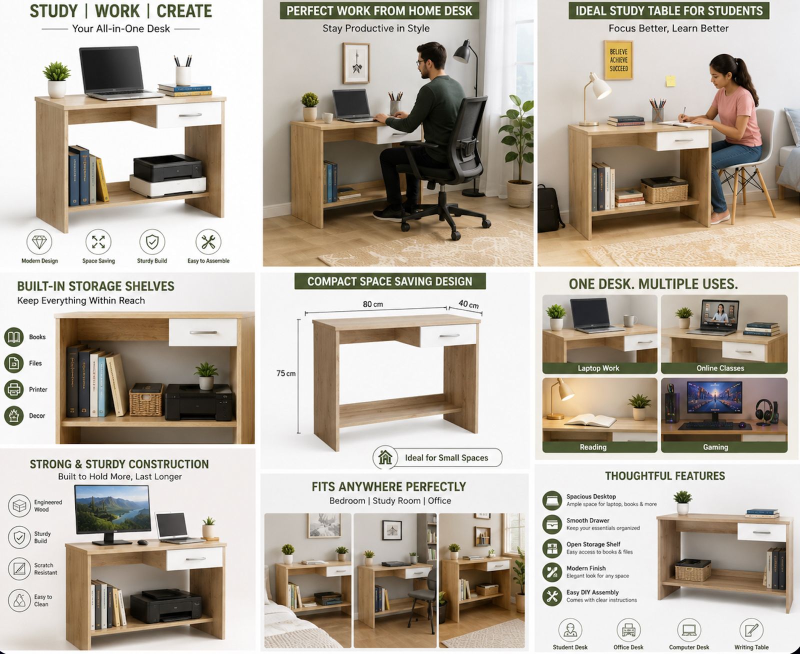 Kawachi Computer Study Table for Students & Home Office | Laptop Desk with Storage Shelf | Engineered Wood Writing Table Workstation for Work From Home, Study, Office & Desktop Computer (KW141-Beige-WD) - Image 12