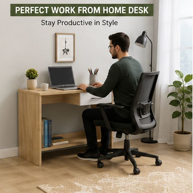 Kawachi Computer Study Table for Students & Home Office | Laptop Desk with Storage Shelf | Engineered Wood Writing Table Workstation for Work From Home, Study, Office & Desktop Computer (KW141-Beige-WD) - Image 4
