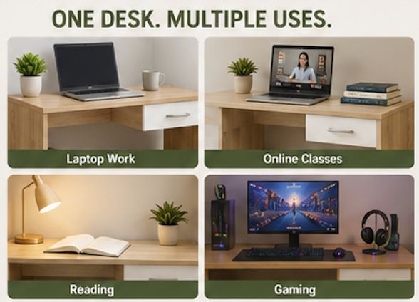 Kawachi Computer Study Table for Students & Home Office | Laptop Desk with Storage Shelf | Engineered Wood Writing Table Workstation for Work From Home, Study, Office & Desktop Computer (KW141-Beige-WD) - Image 6