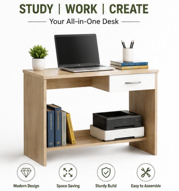 Kawachi Computer Study Table for Students & Home Office | Laptop Desk with Storage Shelf | Engineered Wood Writing Table Workstation for Work From Home, Study, Office & Desktop Computer (KW141-Beige-WD) - Image 5