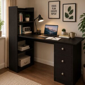 Kawachi Compact Computer Laptop Desk Study Table with 4 Shelves Storage 3 Drawers KW13 Wenge Brown