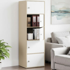 Kawachi Wooden Cabinet - 5 Tier Storage Cabinet for Living Room with Magnetic Door, Space Saving Book Self for Home, Engineered Wood Kitchen Crockery Unit ( KW139-Beige-WD )