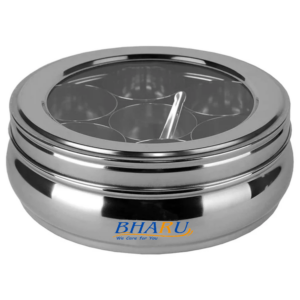 Bharu 2L Stainless Steel Belly Shape Masala (Spice) Box/Organiser With See Through Lid With 7 Containers And Small Spoon