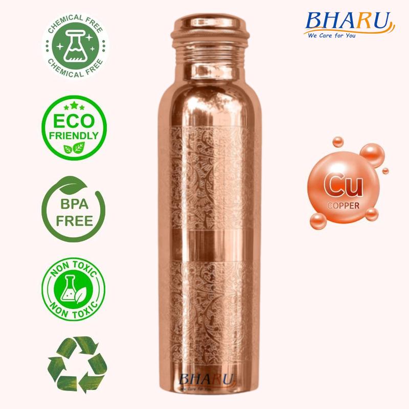 Bharu Embossed Copper Bottle 1000 ml & 2 pcs Embossed Copper Glass - Image 3