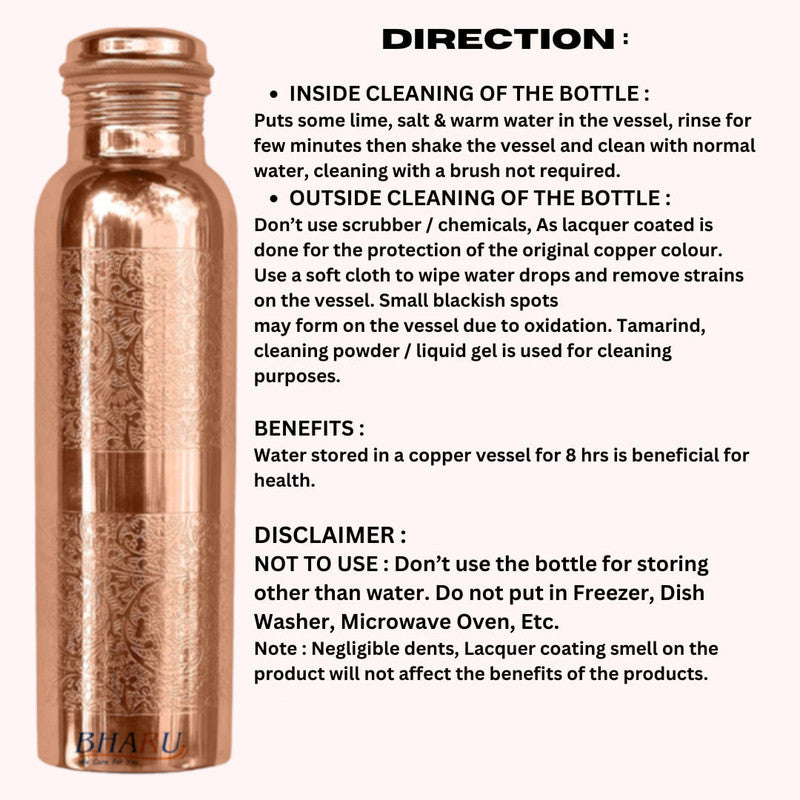 Bharu Embossed Copper Bottle 1000 ml & 2 pcs Embossed Copper Glass - Image 5